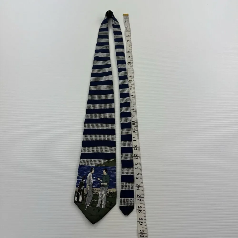 Pebble Beach Golf Tie Silk USA Blue Striped Scenic Golfer Novelty Necktie